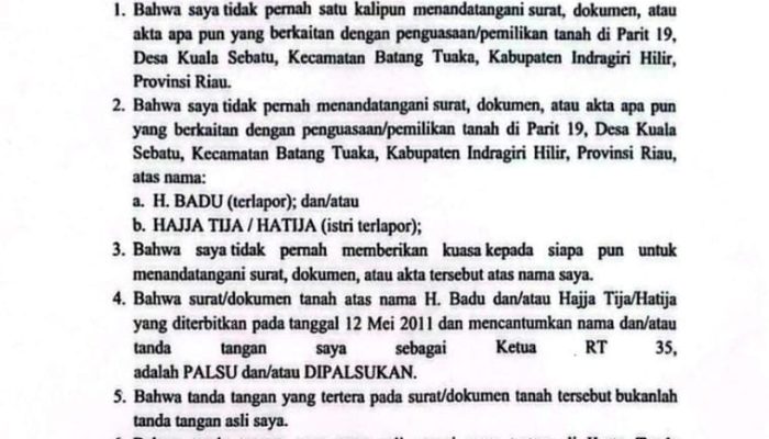 Zainal Abidin Keluarkan Surat Pernyataan: Tanda Tangan di Surat Tanah Atas Nama H. Badu Dinyatakan Palsu